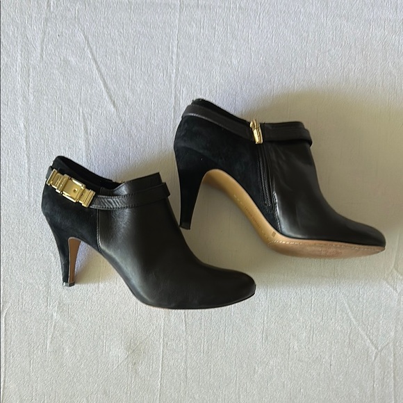 EUC Vince Camuto Black Heeled Boots with Gold Buckle - Picture 1 of 8